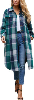Women's Flannel Plaid Shacket Oversized Long Button Down Midi