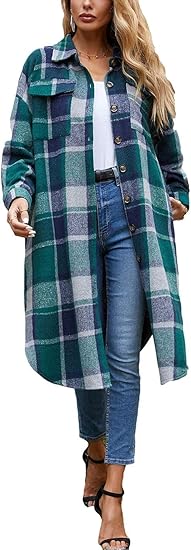 Omoone Women's Lounge Lapel Button Up Long Sleeve Plaid Shacket