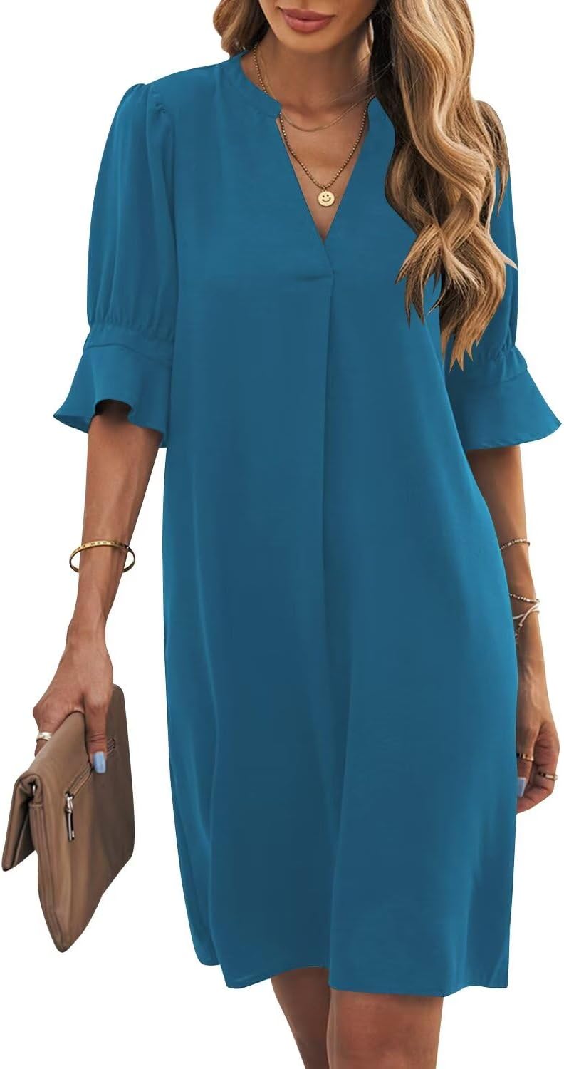 Wkior Shift Dress for Women V Neck Short Sleeves Casual Style