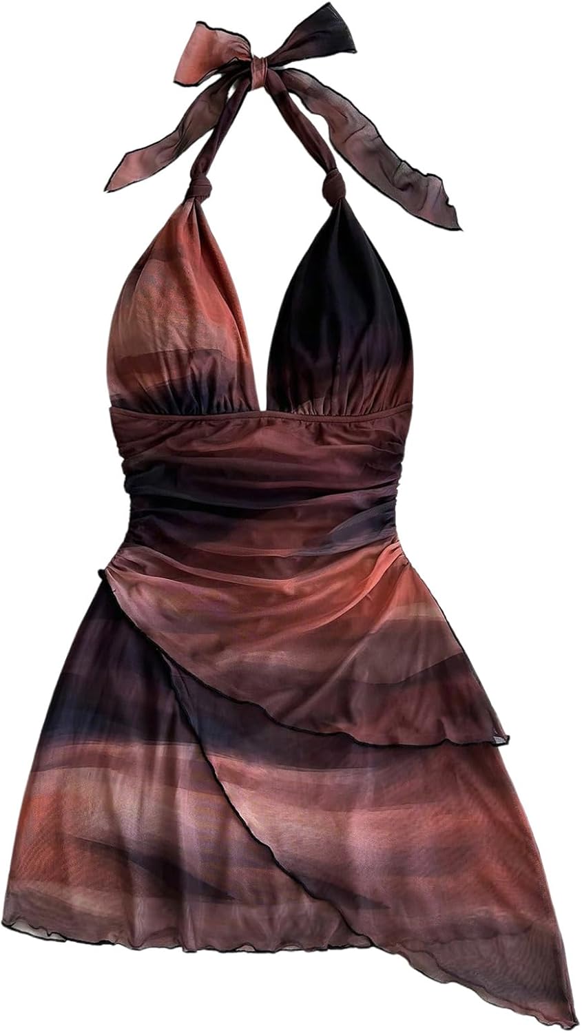 SOLY HUX Women's Sexy Tie Dye Print Halter Mini Dress