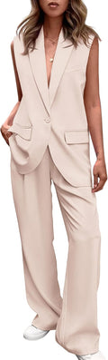 Women's 2 Piece Sleeveless Suit Vest and Wide Leg Pants - Business Fit