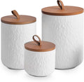 White Ceramic Canister Set with Wooden Lid - Airtight Kitchen Jars