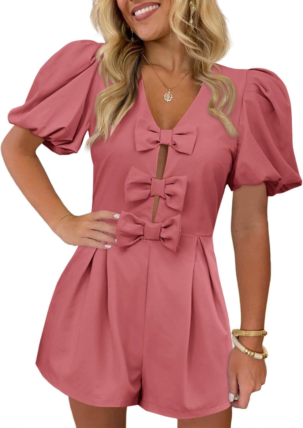 Cicy Bell Womens Cute Rompers with Bow Front and Puff Sleeves