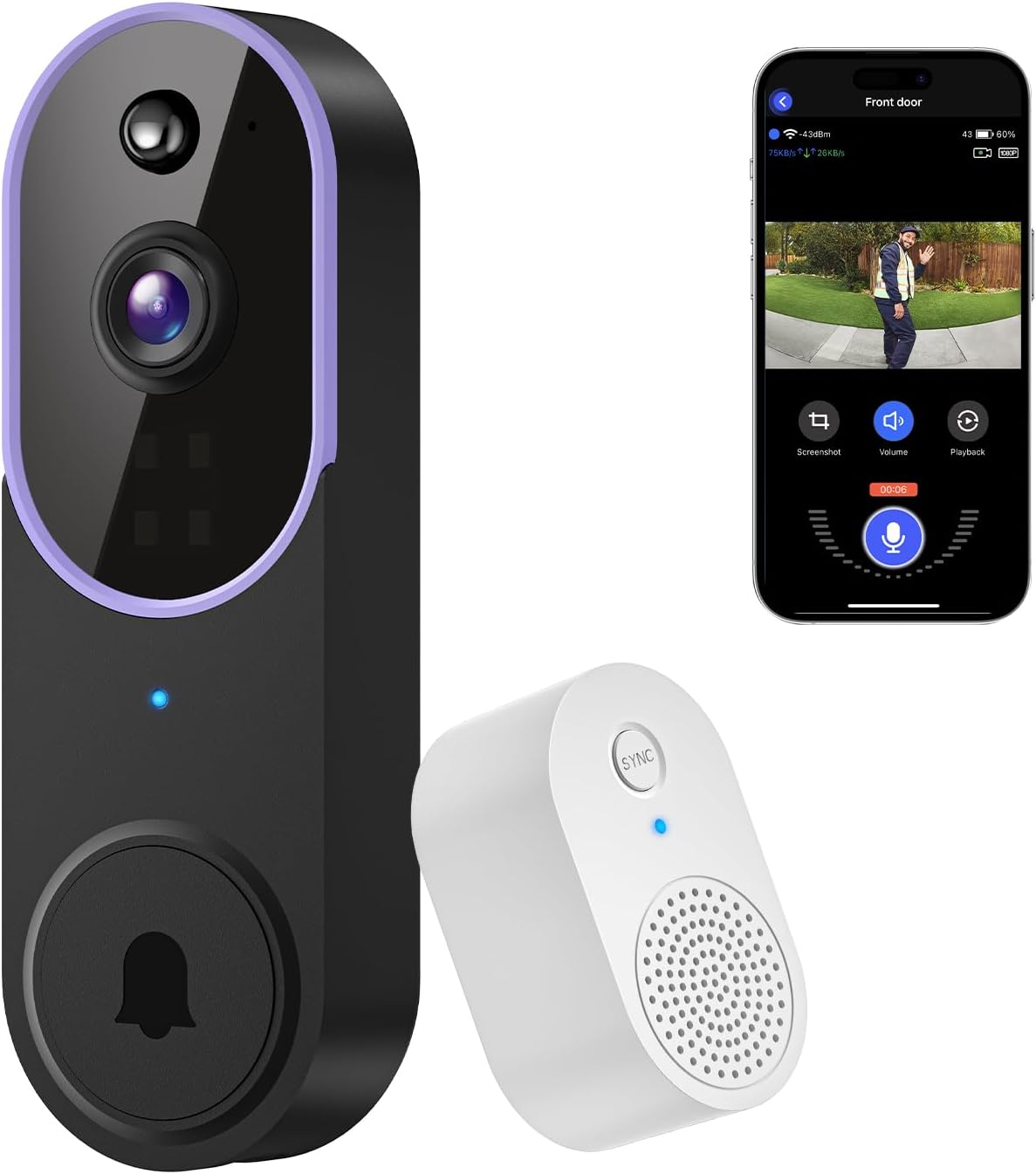 Smart 1080P Video Doorbell: AI Human Detection, Instant Alert, Night Vision