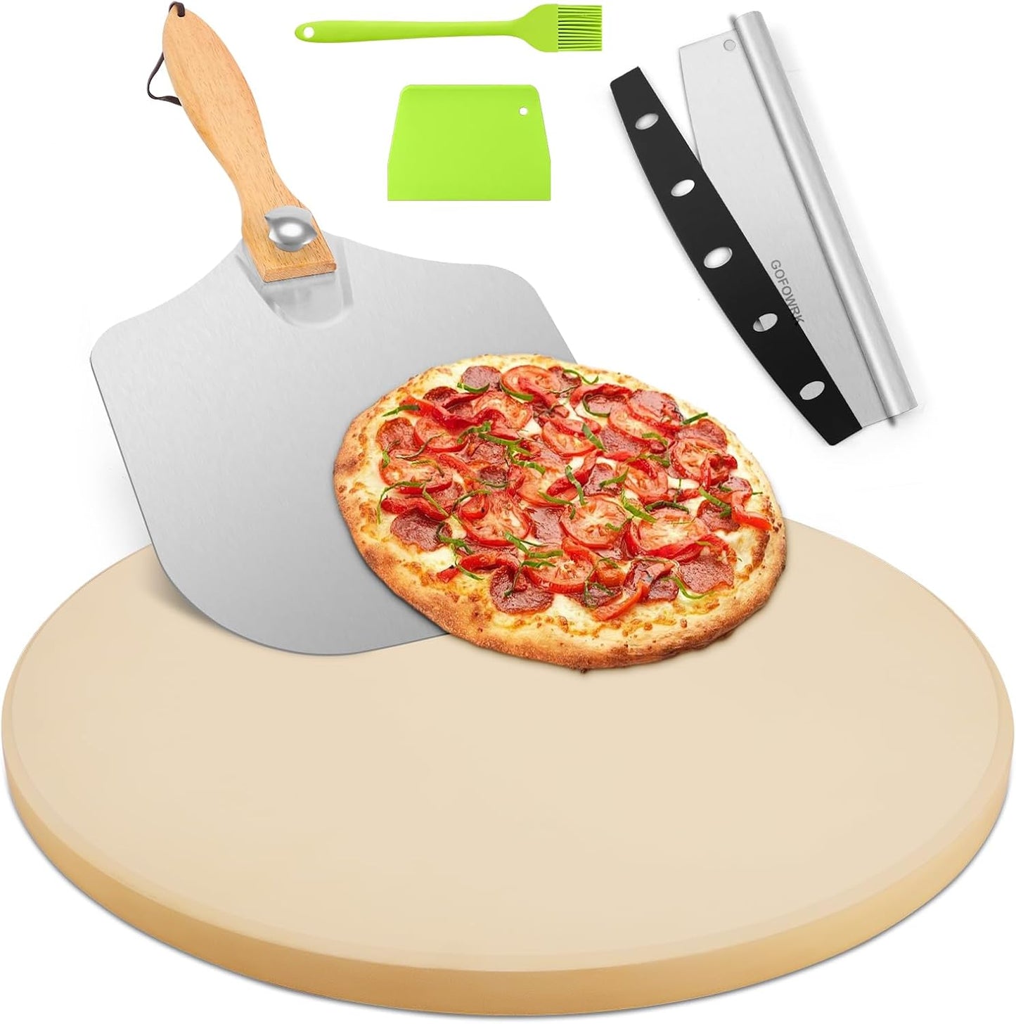 15 Inch Pizza Stone Set for Oven & Grill with Peels & Cutter