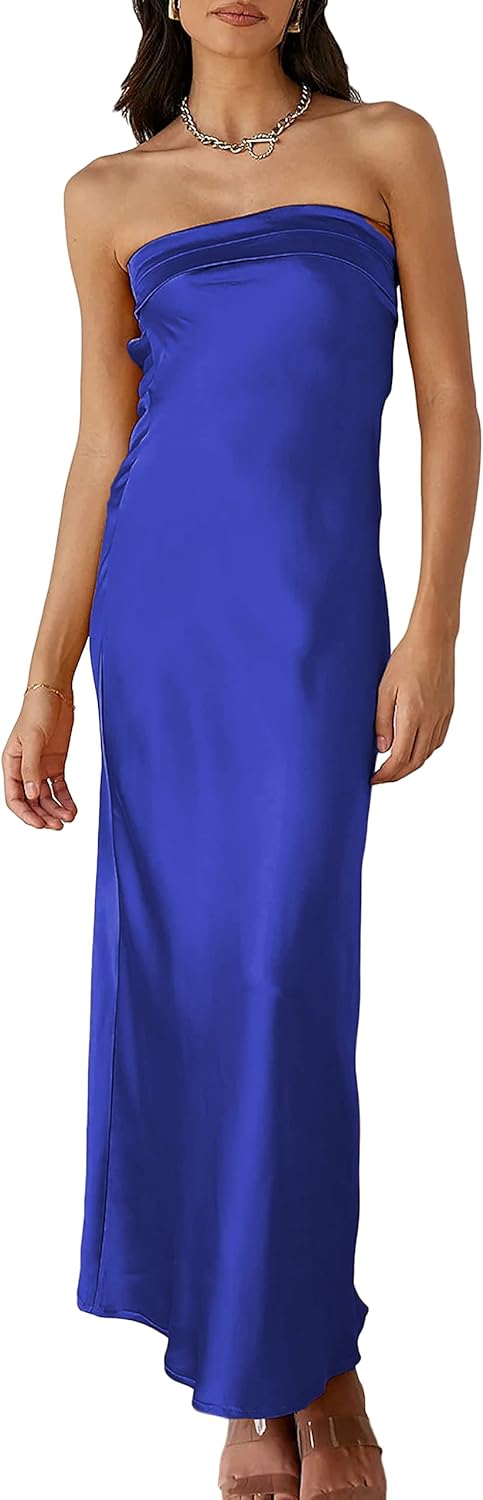 Realtix Satin Silk Backless Tube Tops Maxi Dress for Women