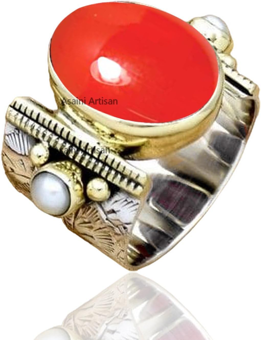 10x14MM Oval Gemstone Sterling Silver Ring with Pearl Accents