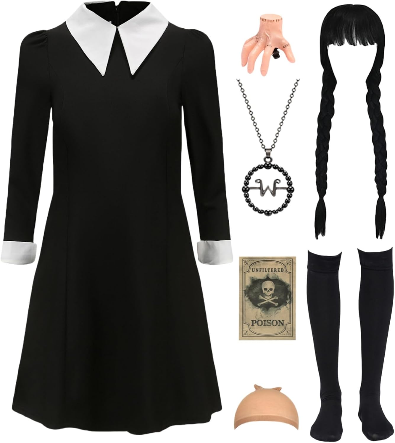 7pcs Girls Halloween Costume with Black Dress, Wig and Accessories