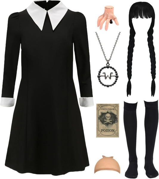 7pcs Girls Halloween Costume with Black Dress, Wig and Accessories