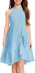 Girls Lace Flower Ruffle Chiffon High Low Dress - Junior Bridesmaid