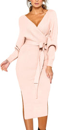 CHERFLY Women's V Neck Sweater Dress with Belt - Backless Bodycon