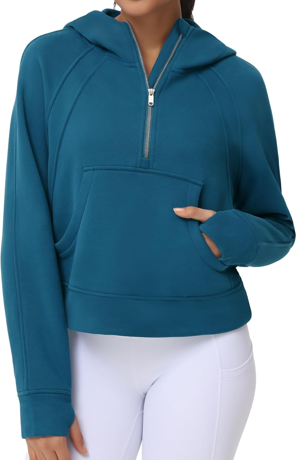 Womens' Half Zip Fleece Crop Pullover Hoodies with Pockets