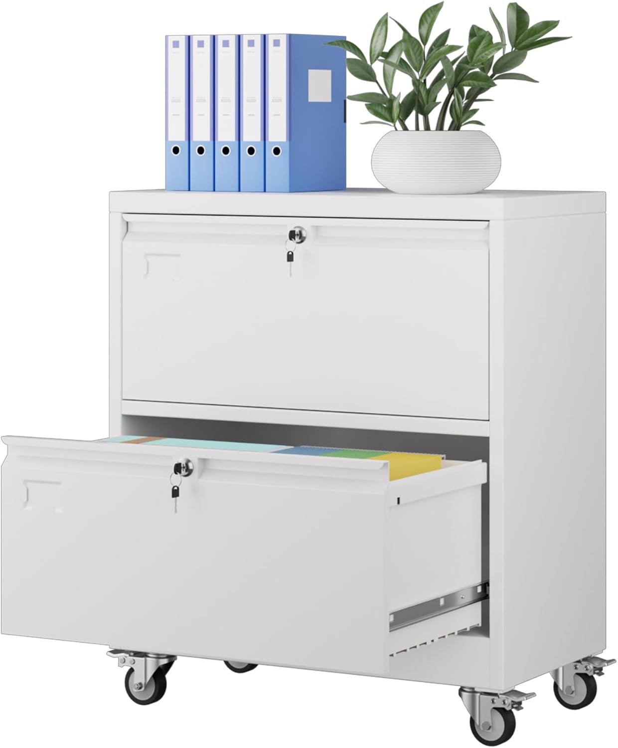 Lateral File Cabinet on Wheels with 2 Drawers and Locks