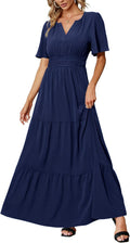 Women's Boho Maxi Dress V Neck Short Sleeve - Flowy Summer Maxi