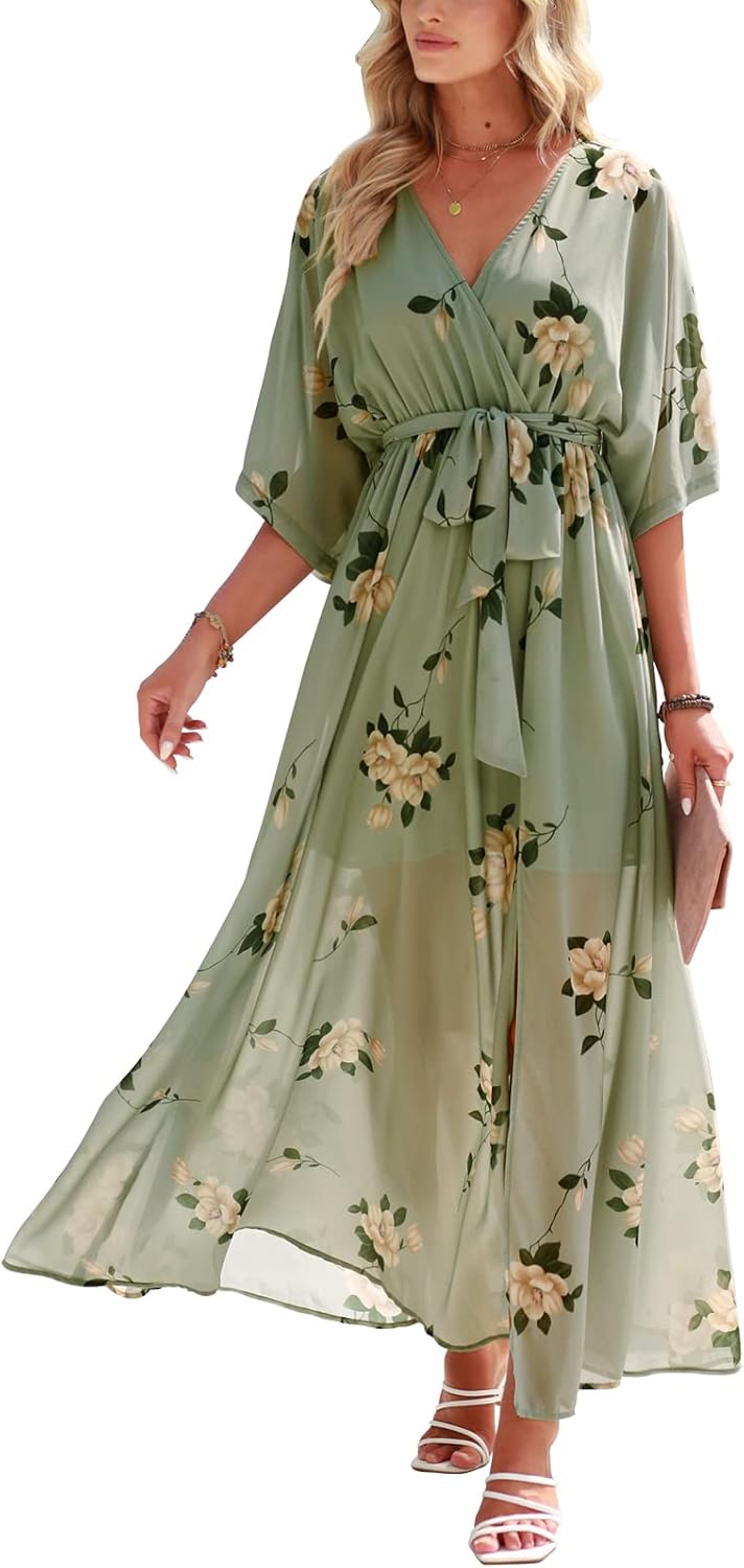 Womens Summer Loose Boho Flowy Wrap V Neck Maxi Dresses