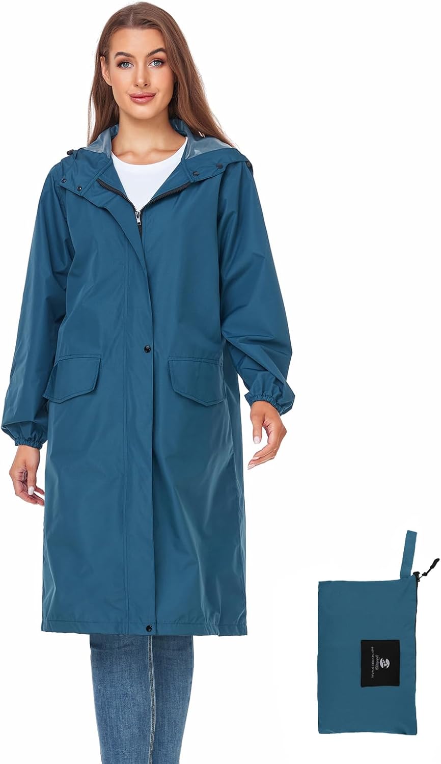 SaphiRose Women's Long Rain Jacket Waterproof Lightweight Hooded