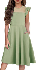 Girls Summer Formal Mesh Ruffle Sleeve A-Line Dress with Pockets