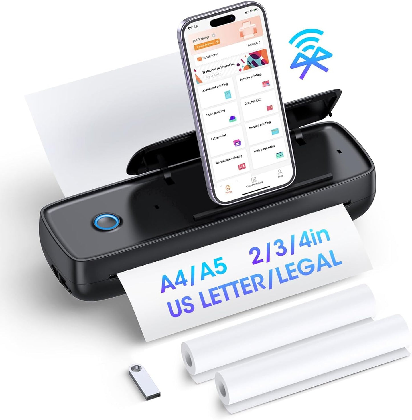 Wireless Thermal Printer: Portable & Phone Holder, Travel-Friendly, Supports Multiple Paper Sizes, Android/iOS Compatible
