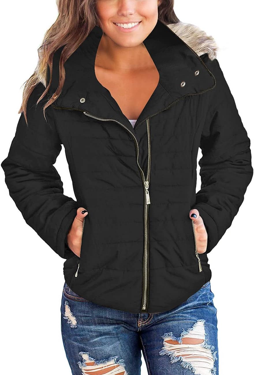 Vetinee Women Casual Faux Fur Lapel Zip Pockets Puffer Coat