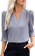 EVALESS Women's 3/4 Sleeve Pleated V Neck Top - Office to Casual