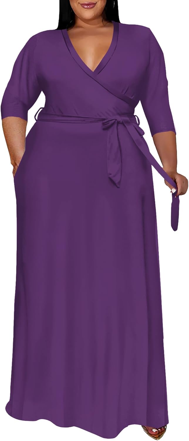 Runwind Plus Size Floral Maxi Dress with Belt for Women