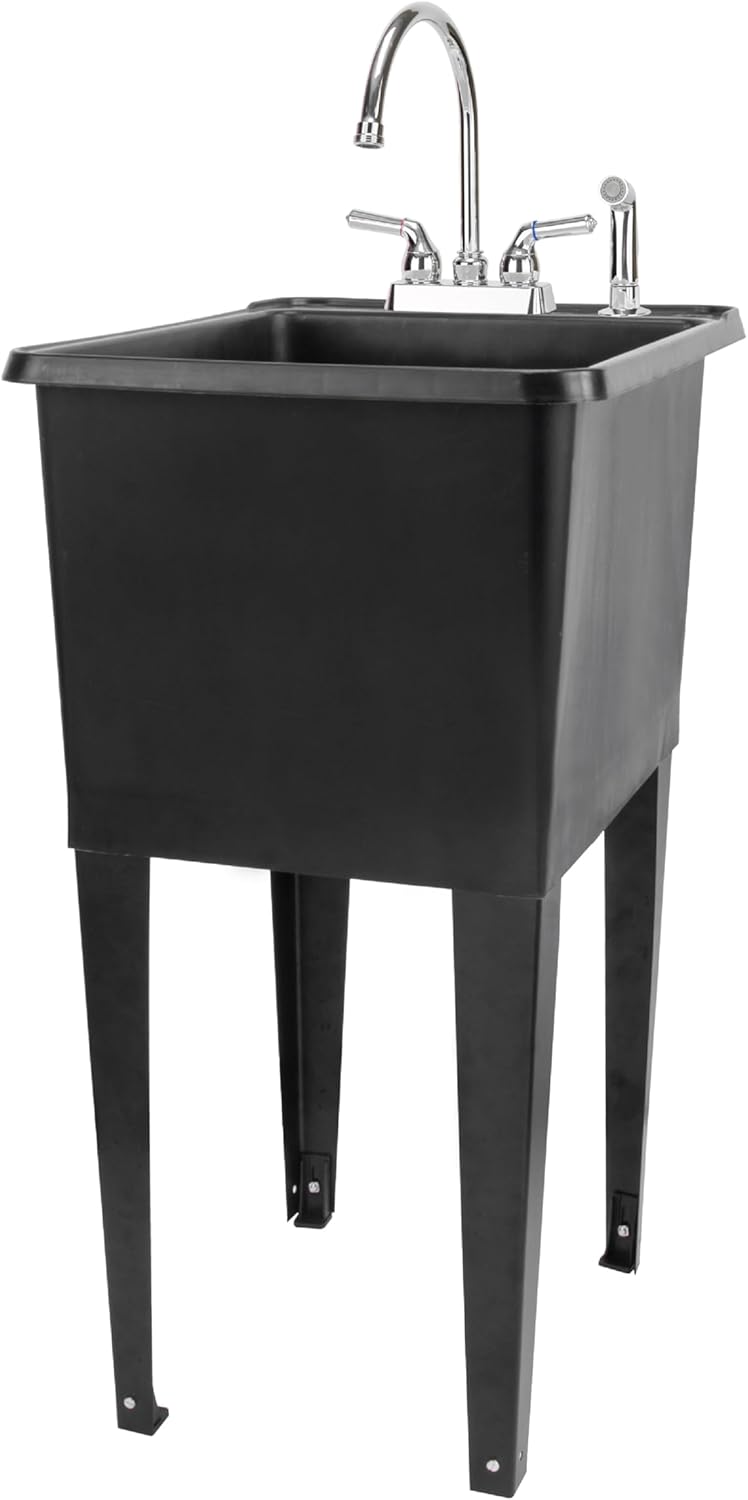 Black Space Saver Utility Sink with Chrome Gooseneck Faucet