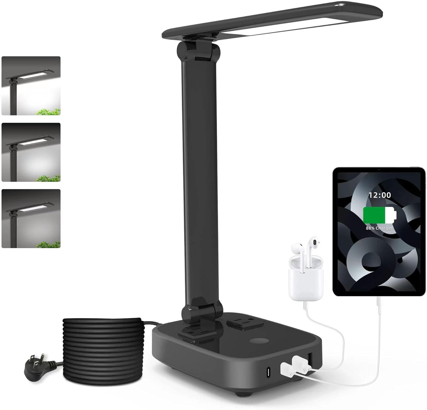 Yostyle LED Desk Lamp: 4 USB Ports, 2 Outlets, Touch Control, 3 Brightness Levels