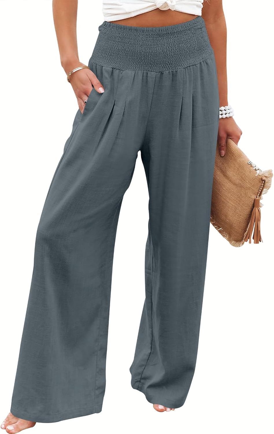 Linen Palazzo Pants for Women - Boho Wide Leg High Waist Style