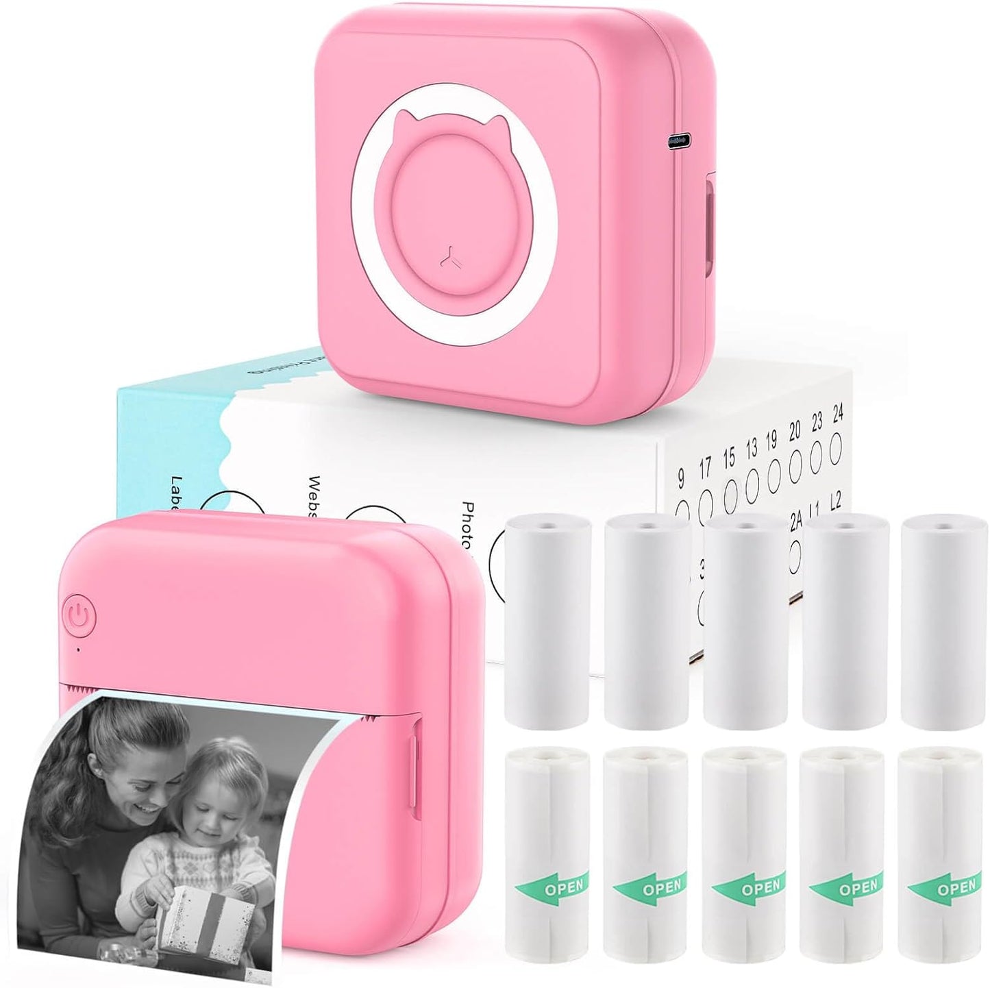 Wireless Mini Pocket Printer + 10 Rolls Thermal Paper, Pink