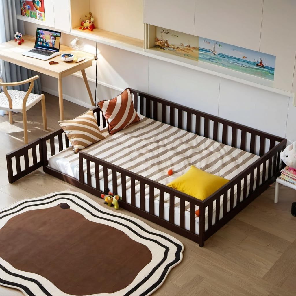 Full Montessori Floor Bed with Roof & Slats for Kids' Safety