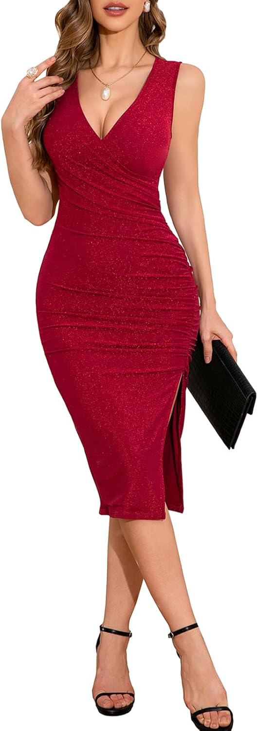 IHOT 2025 Women's Sexy V Neck Sleeveless Ruched Midi Dress