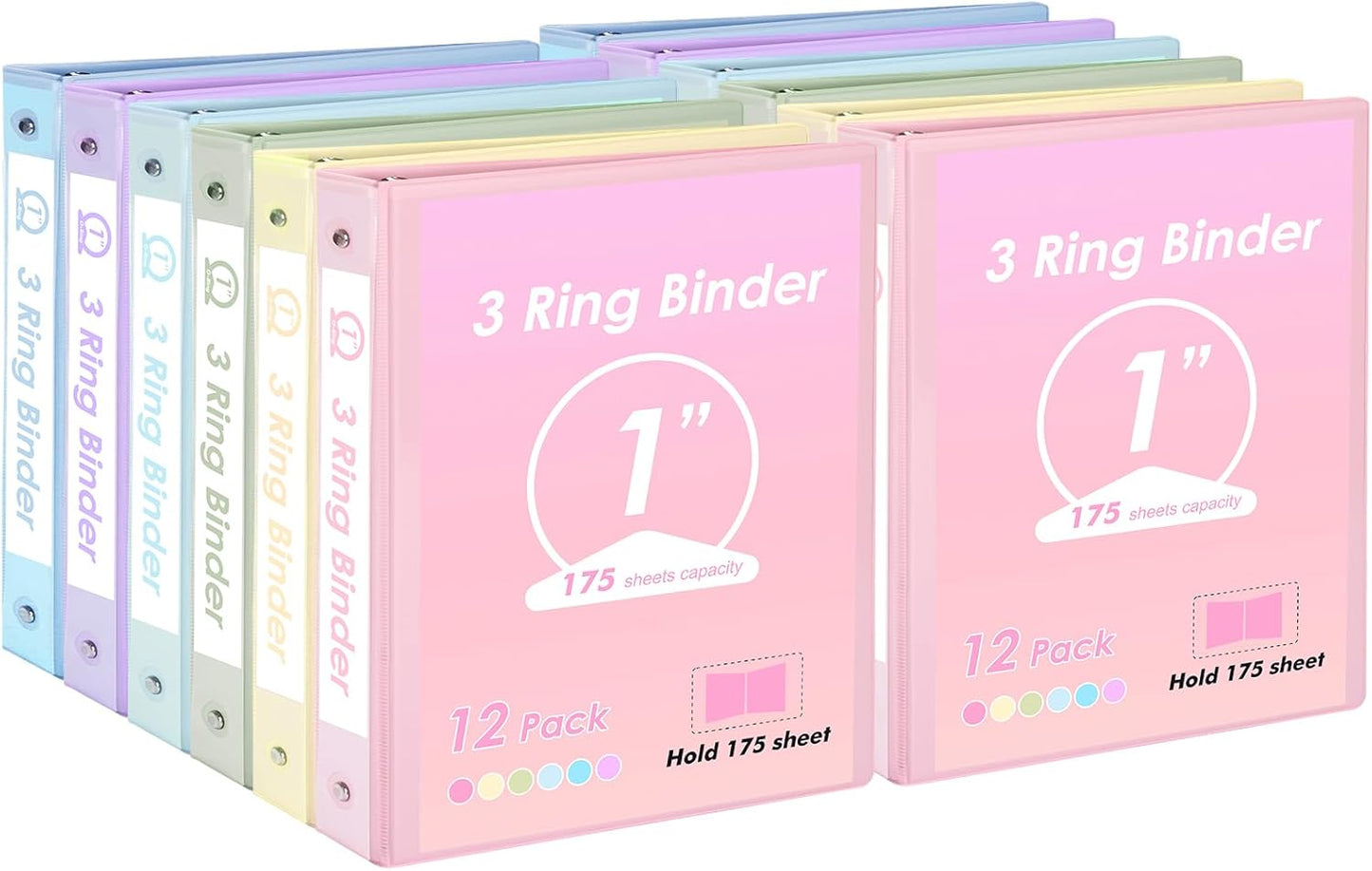 EOOUT 1 Inch 3-Ring Binder Set of 12 Assorted Pastel Colors