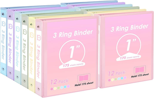 EOOUT 1 Inch 3-Ring Binder Set of 12 Assorted Pastel Colors