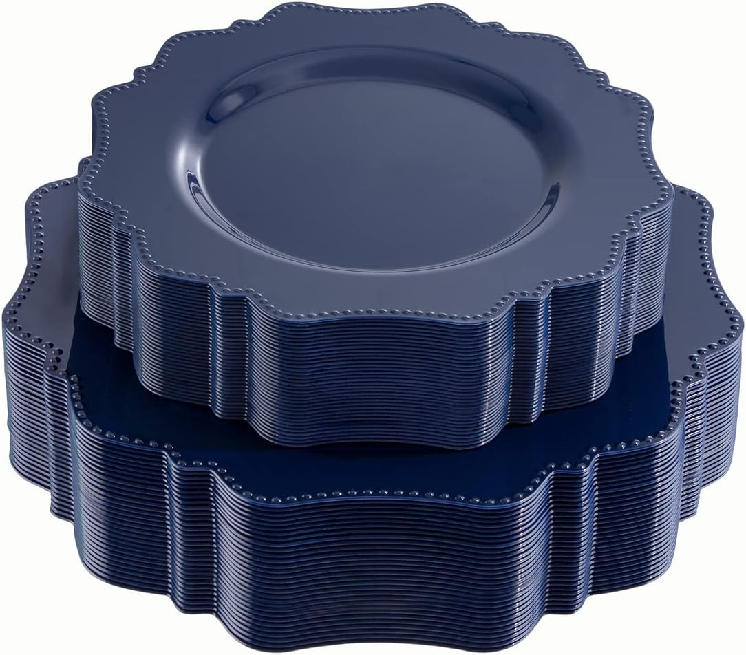 Navy Blue Disposable Plastic Party Plates Set for 30 Guests