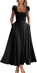Women's Casual Square Neck Maxi Dress with Pockets - Flowy Comfort