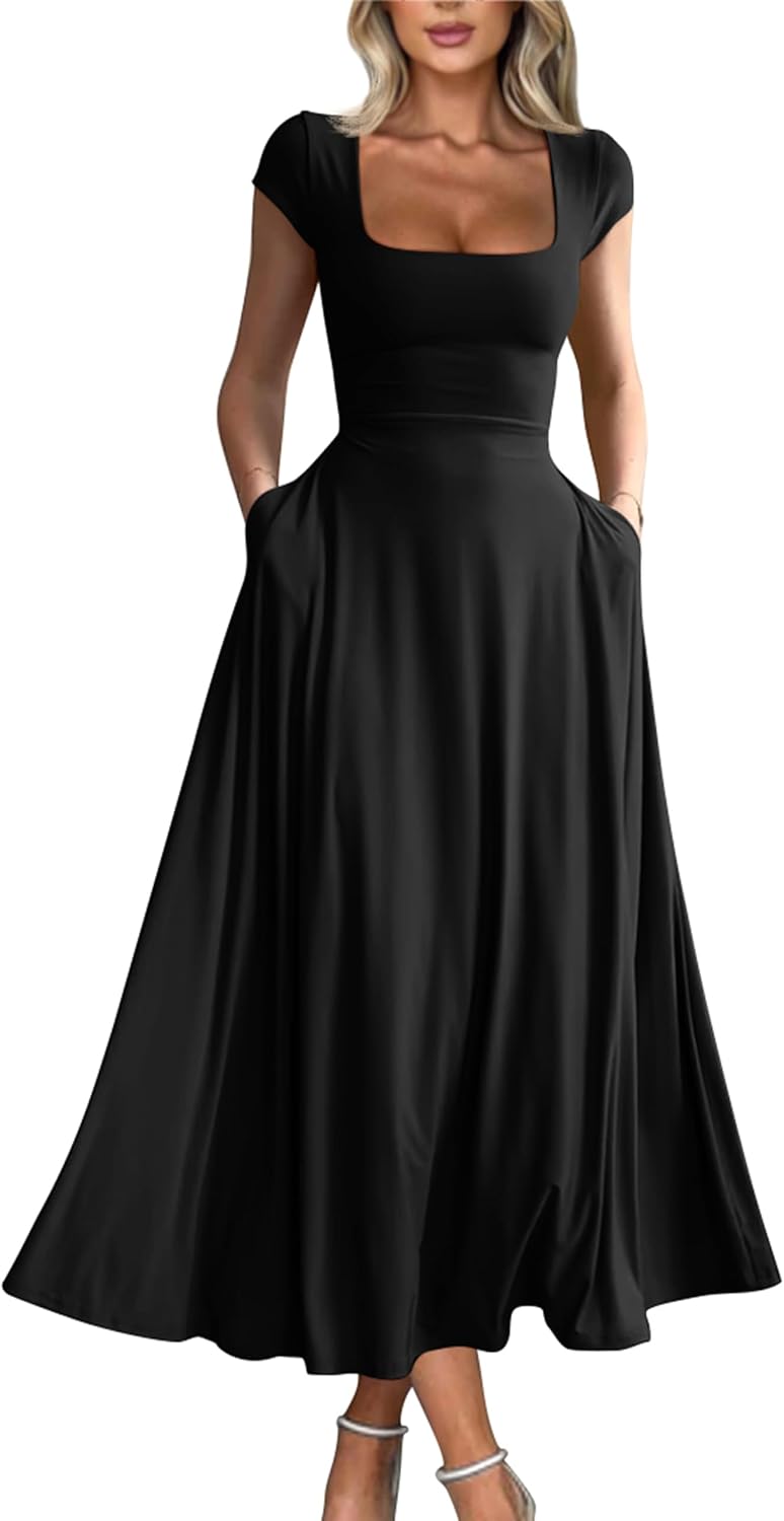YMDUCH Women's Casual Short Sleeve Square Neck Maxi Dress