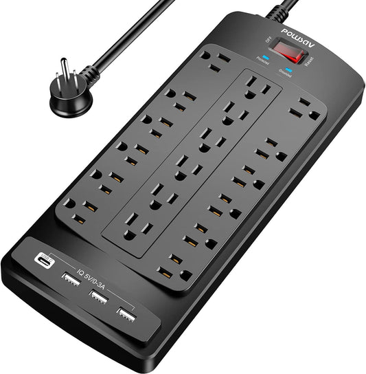 POWSAV Power Strip: 18 Outlets, 4 USB Ports, Surge Protection