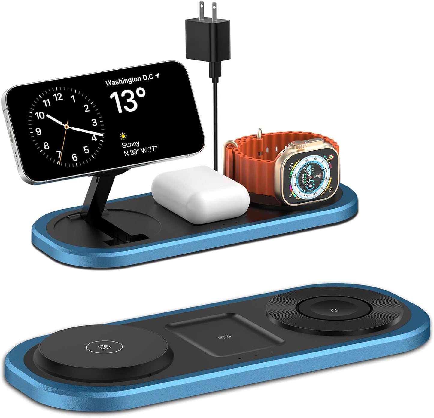 3-in-1 Foldable Wireless Charger - Fast Charging for iPhone, Apple Watch, AirPods - Blue