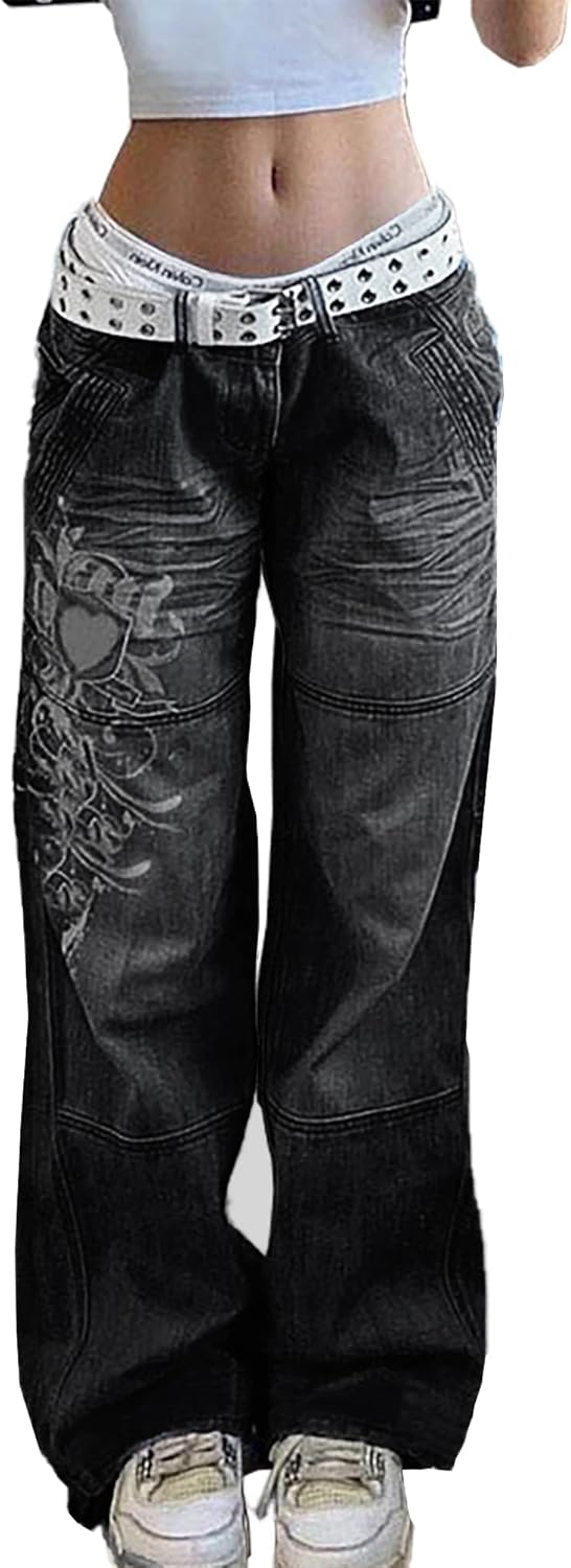Xineicy Women's Low Rise Heart Pattern Baggy Jeans for Style