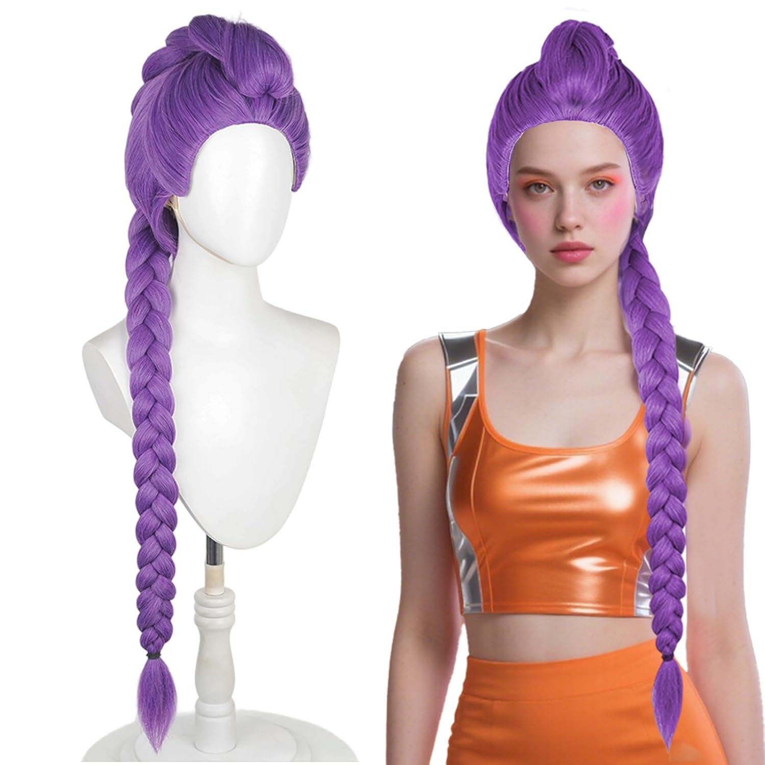 Aicos Long Clip-On Purple Braided Wig for Cosplay and Parties
