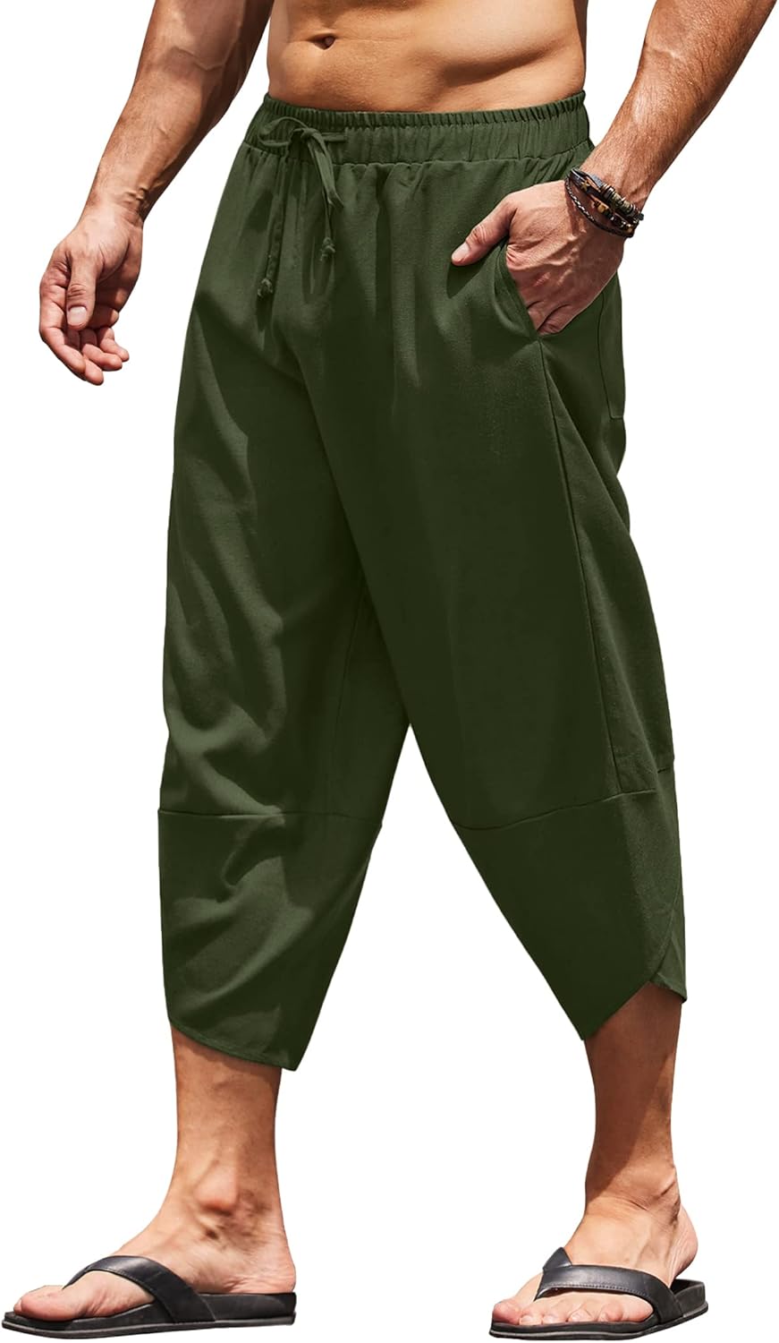 COOFANDY Men's Linen Harem Capri Pants for Casual Beach Wear