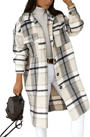 Cozy Long Flannel Plaid Jacket for Women - Stylish Shacket