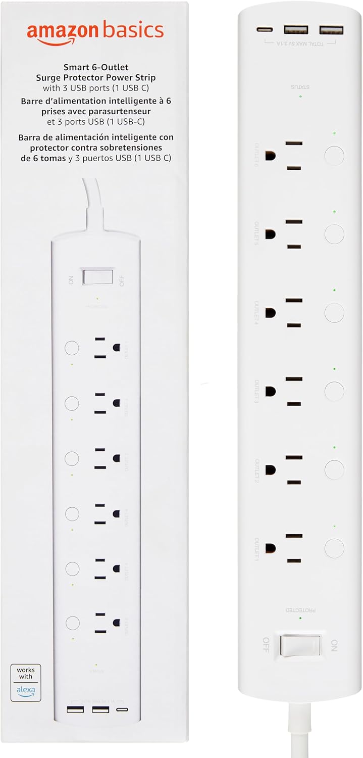 Basics Smart Power Strip: Alexa Compatible, 6 Outlets, 3 USB Ports