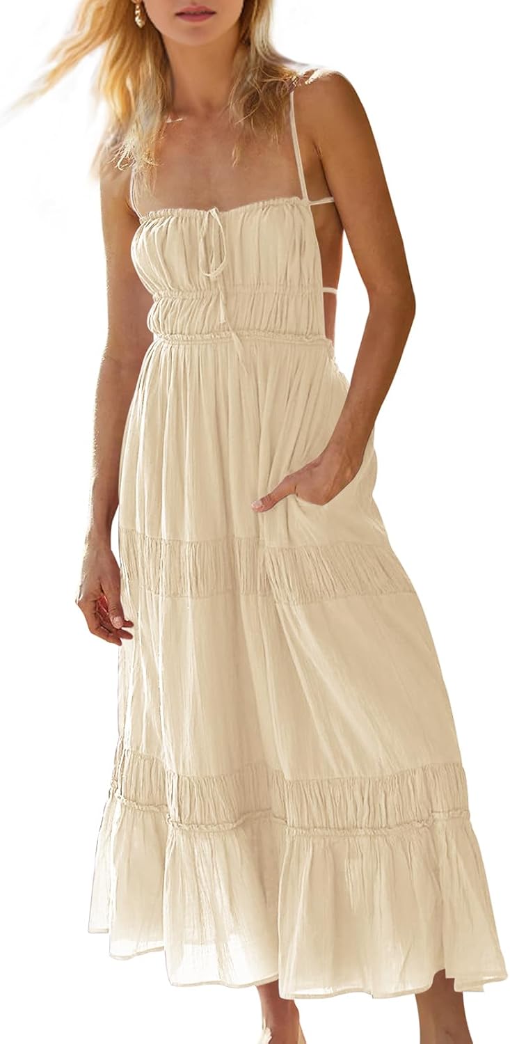 Wenrine Womens Summer Beach Dresses with Pockets and Straps