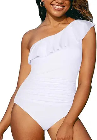 Hilor Women's One Piece Swimsuits with Asymmetric Ruffle Design