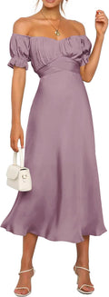 Satin Off Shoulder Midi Dress - Elegant Wrap Ruched Party Dress