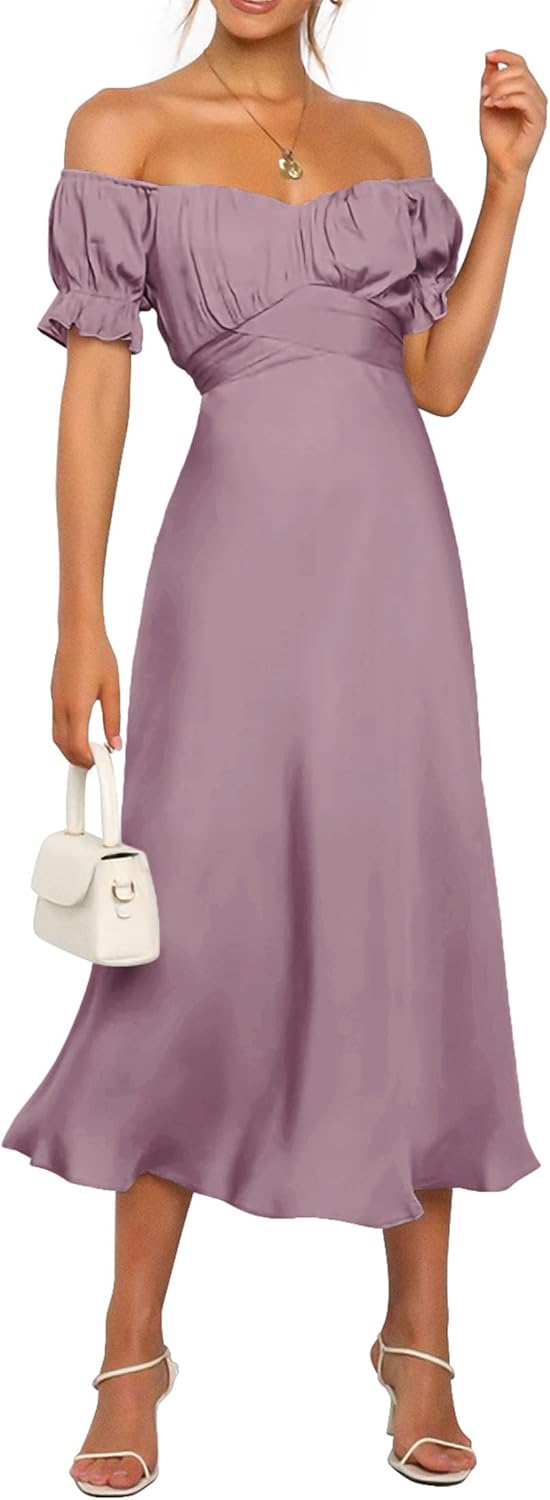 Elegant Off Shoulder Satin Midi Dress for Weddings and Parties
