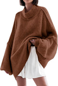 Womens Oversized Mock Neck Ribbed Batwing Sweater - Cozy Tunic