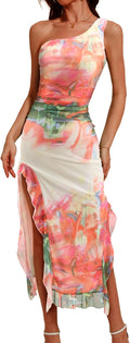 Women's One Shoulder Mesh Ruched Bodycon Long Slit Evening Dress