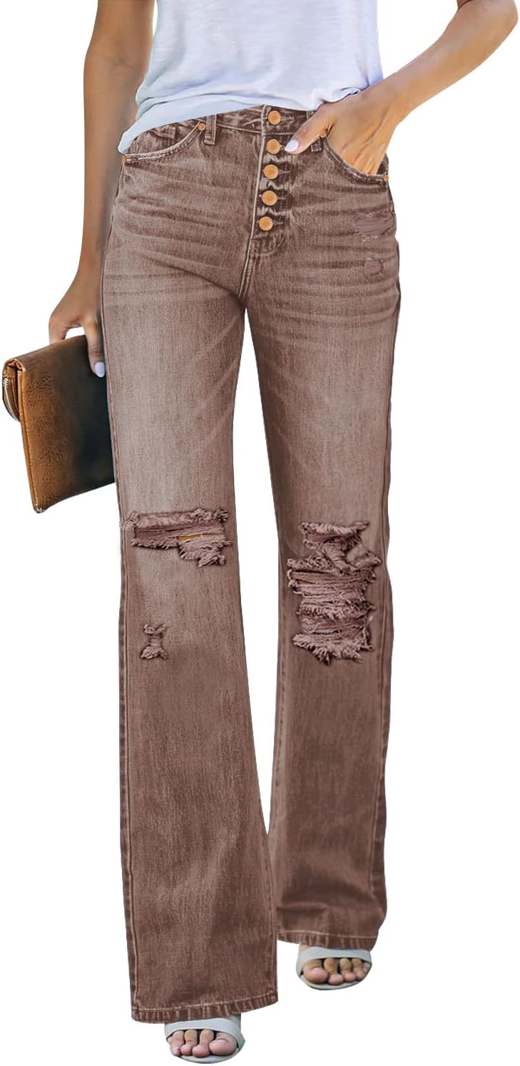 High Waisted Ripped Flare Jeans for Women by LookbookStore